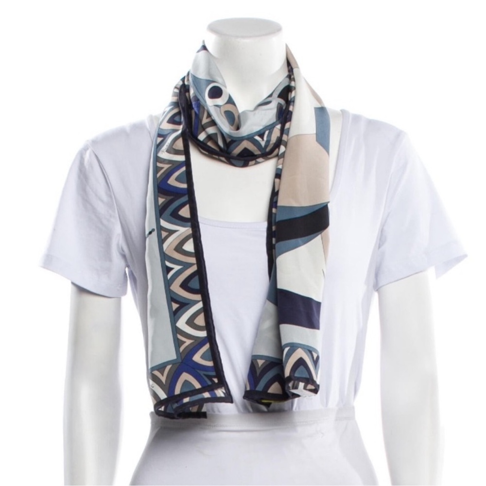 Emilio Pucci Blue and Cream Geometric Silk Scarf